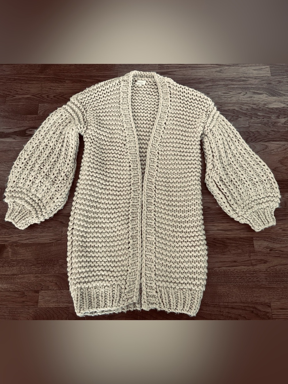 bohme Cream Tan Chunky Knit Balloon-Sleeve Open Cardigan